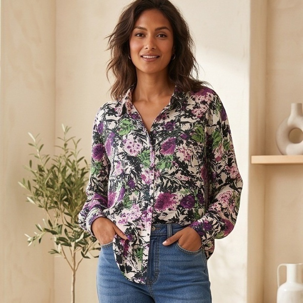 J. Jill 2X Oatmeal Floral Button Down Shirt Blouse Purple Green Long Sleeve NWOT